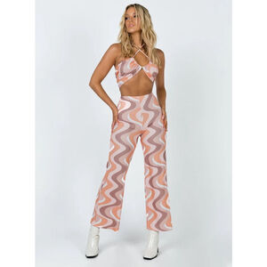 Princess Polly Women’s Latiana 70s Wavy Print Stretch Crop Top Pant Set Size 4